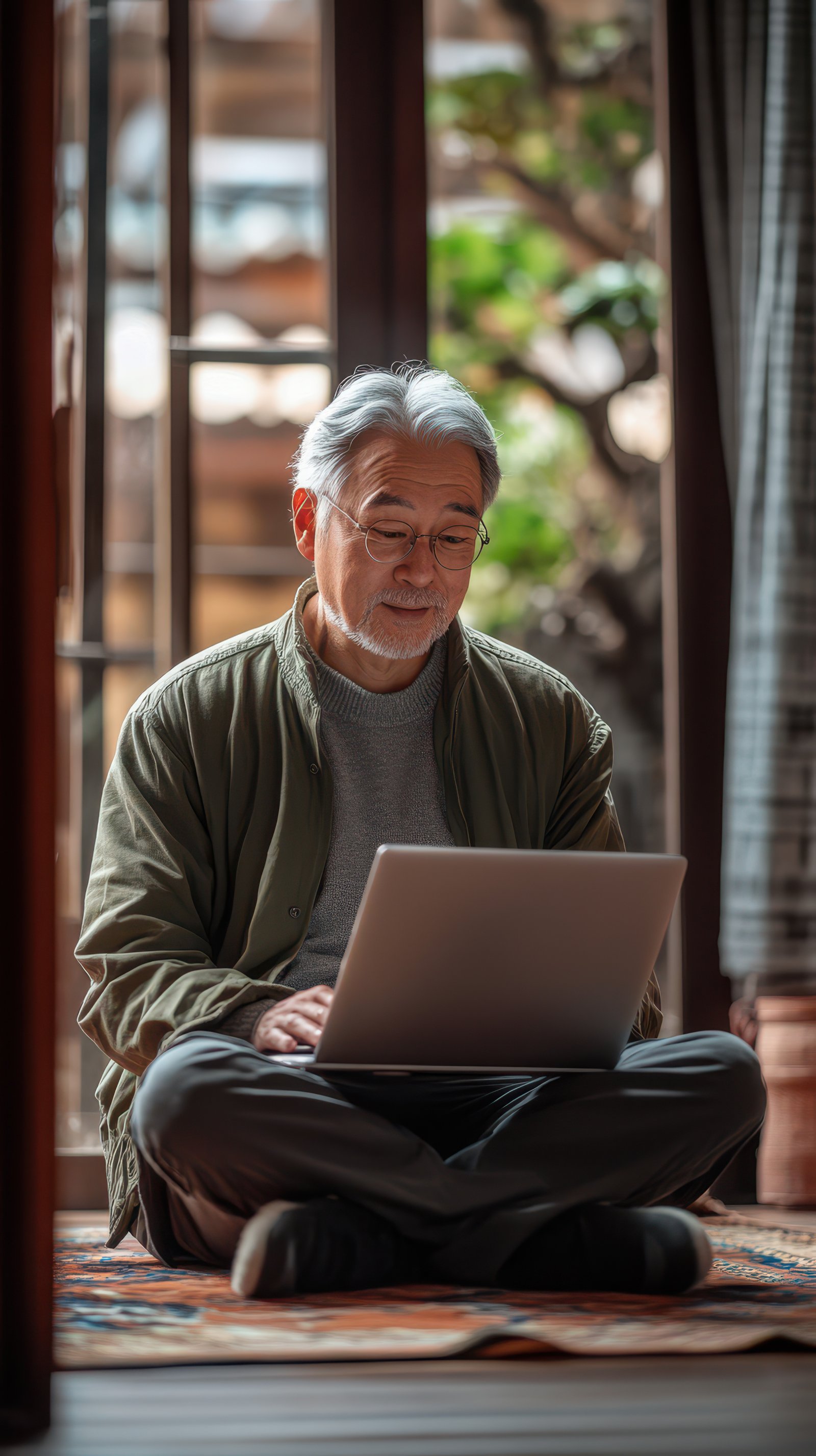 Older man enjoying quiet time working on laptop while sitting on floor in cozy room surrounded by natural light